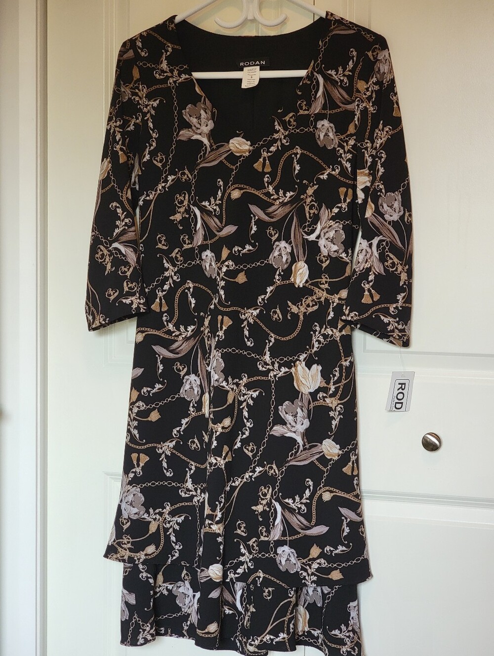 Rodan Black Floral & Chain-Print V-Neck Midi Dress